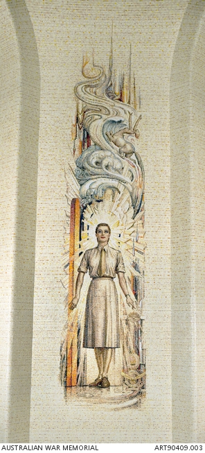 Hall of Memory mosaic representing Australia’s women’s services, showing a uniformed servicewoman beneath winged light, falling bombs and waves symbolising the sinking of the hospital ship Centaur.